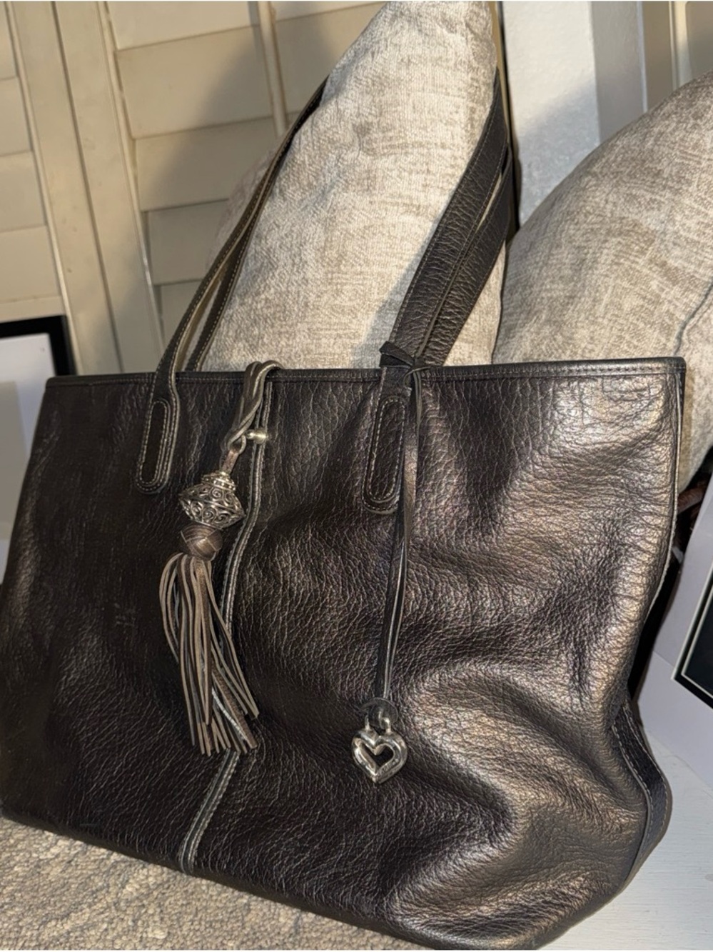 Brighton Black Leather Shoulder Tote with Tassel and Heart Charm
